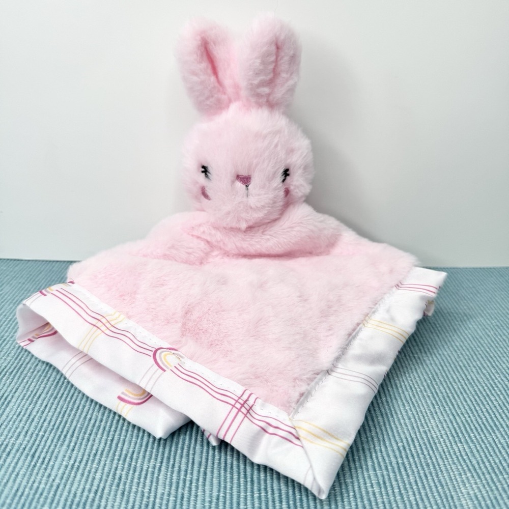 Parent's Choice Pink Bunny Plush Lovey Security Blanket Rainbow Satin Trim